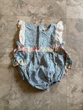 Matilda Jane Light Blue Paisley Romper with Floral Waist and lace shoulders